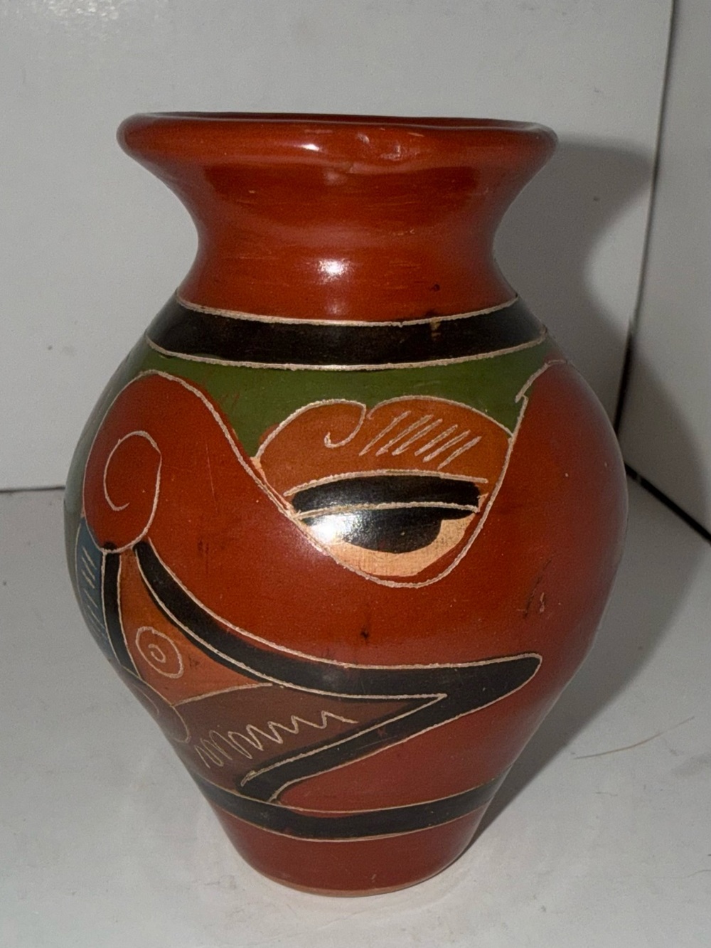 Hand-Painted Terracotta Decorative Vase in Burnt Orange and Green
